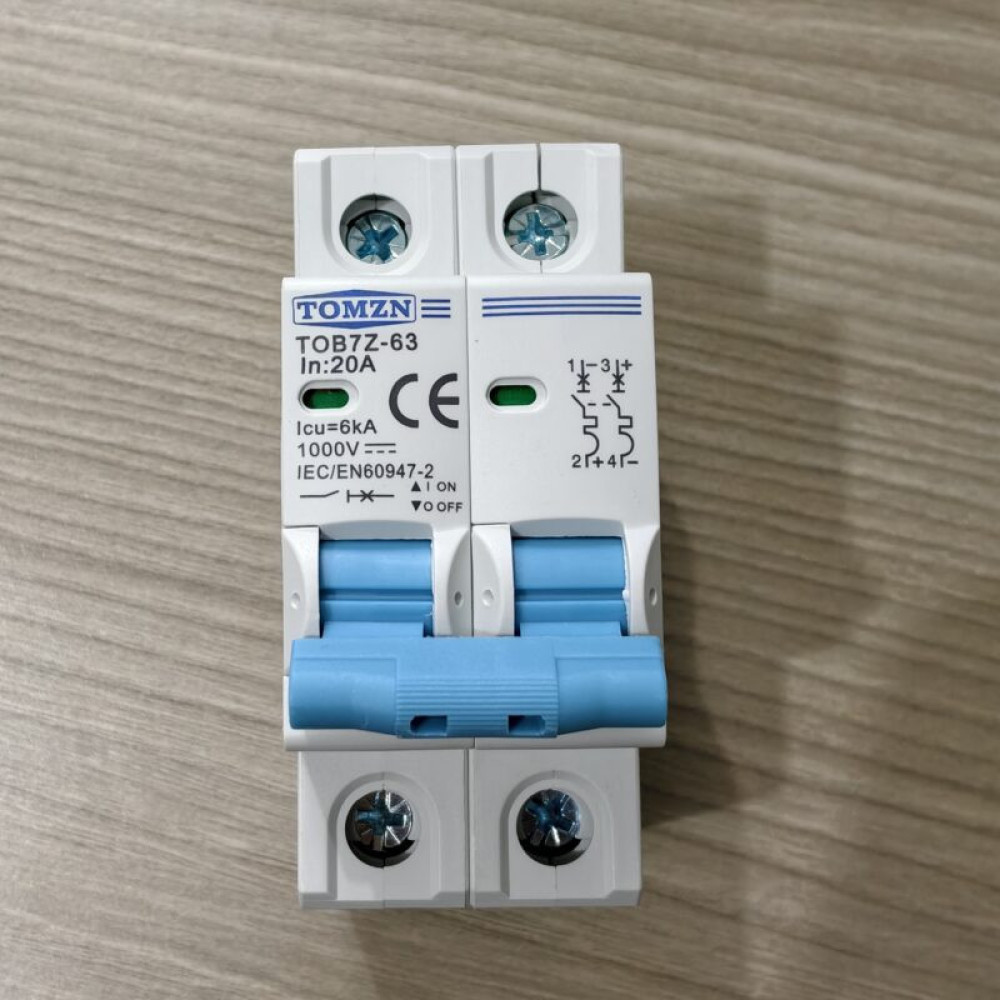 TOMZN 2P DC Circuit Breaker 20A- 12V-1000V Wide RangeDC MCB for PV System (TOMZN TOB7Z-63)